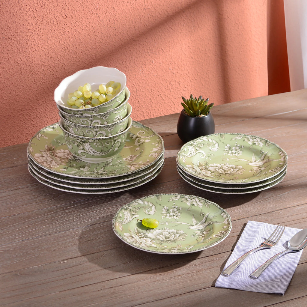 222 Fifth Adelaide Brown on White Porcelain 12 Piece Dinnerware Set, Plates & Bowls, Service for 4