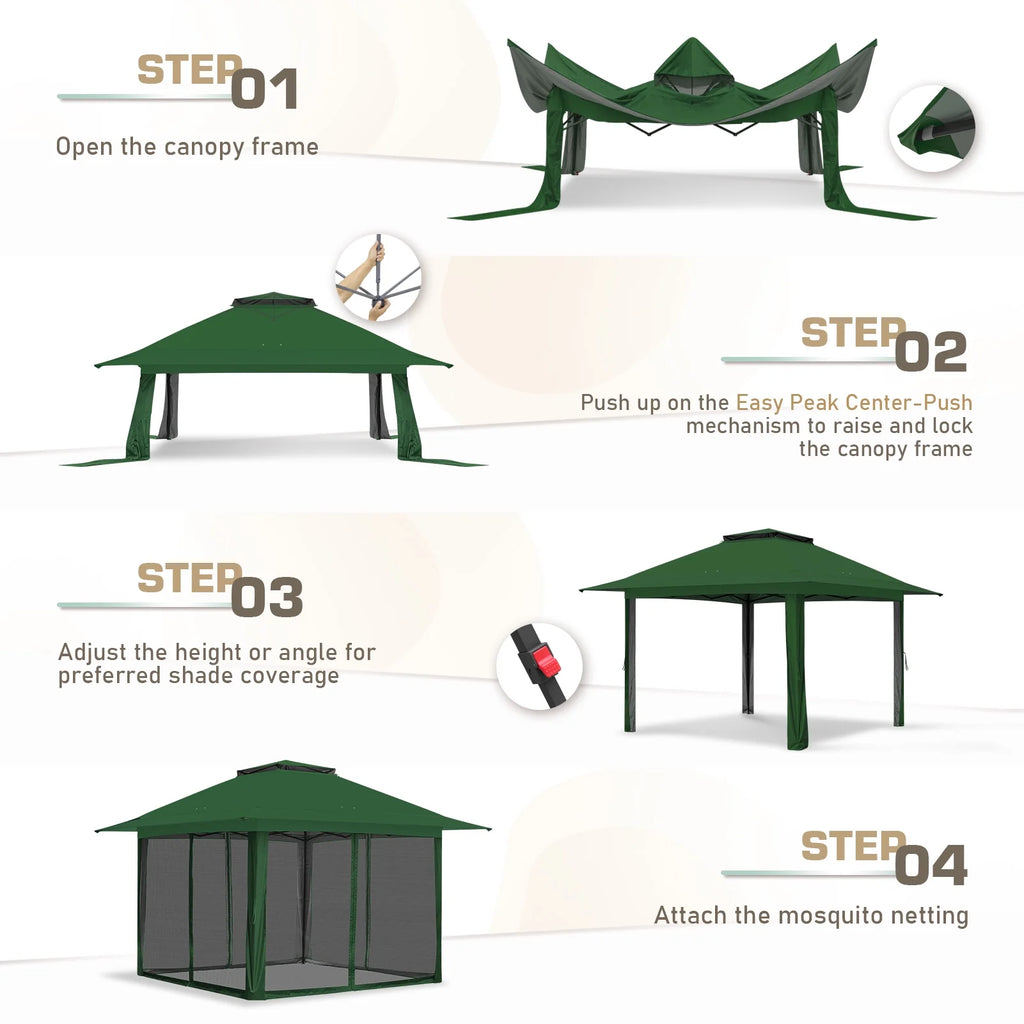 EAGLE PEAK 13' x 13' Pop-Up Gazebo Tent Instant w/Mosquito Netting，Outdoor Gazebo Canopy Easy Set-up Folding Shelter (Beige/Brown)