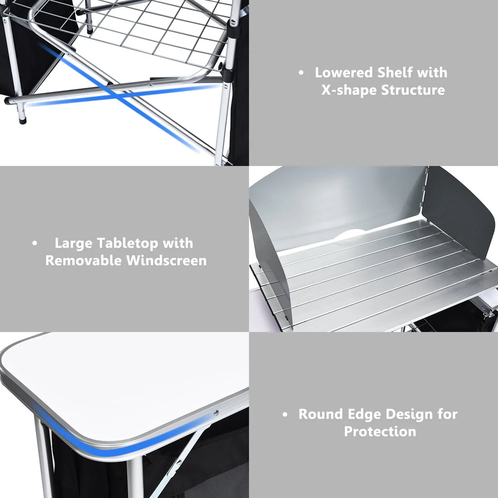 Goplus Folding Portable Aluminum Camping Grill Table w/ Storage Organizer Windscreen Black