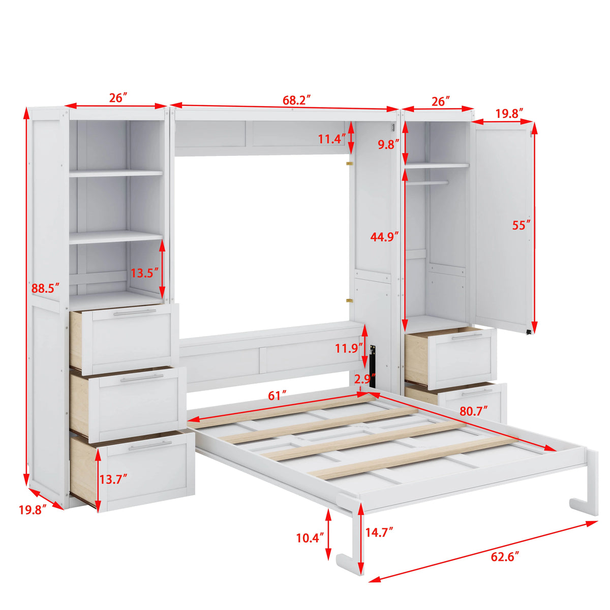 YunNianYang Queen Size Gray Murphy Bed Wall Bed with Closet ,Drawers and Shelves