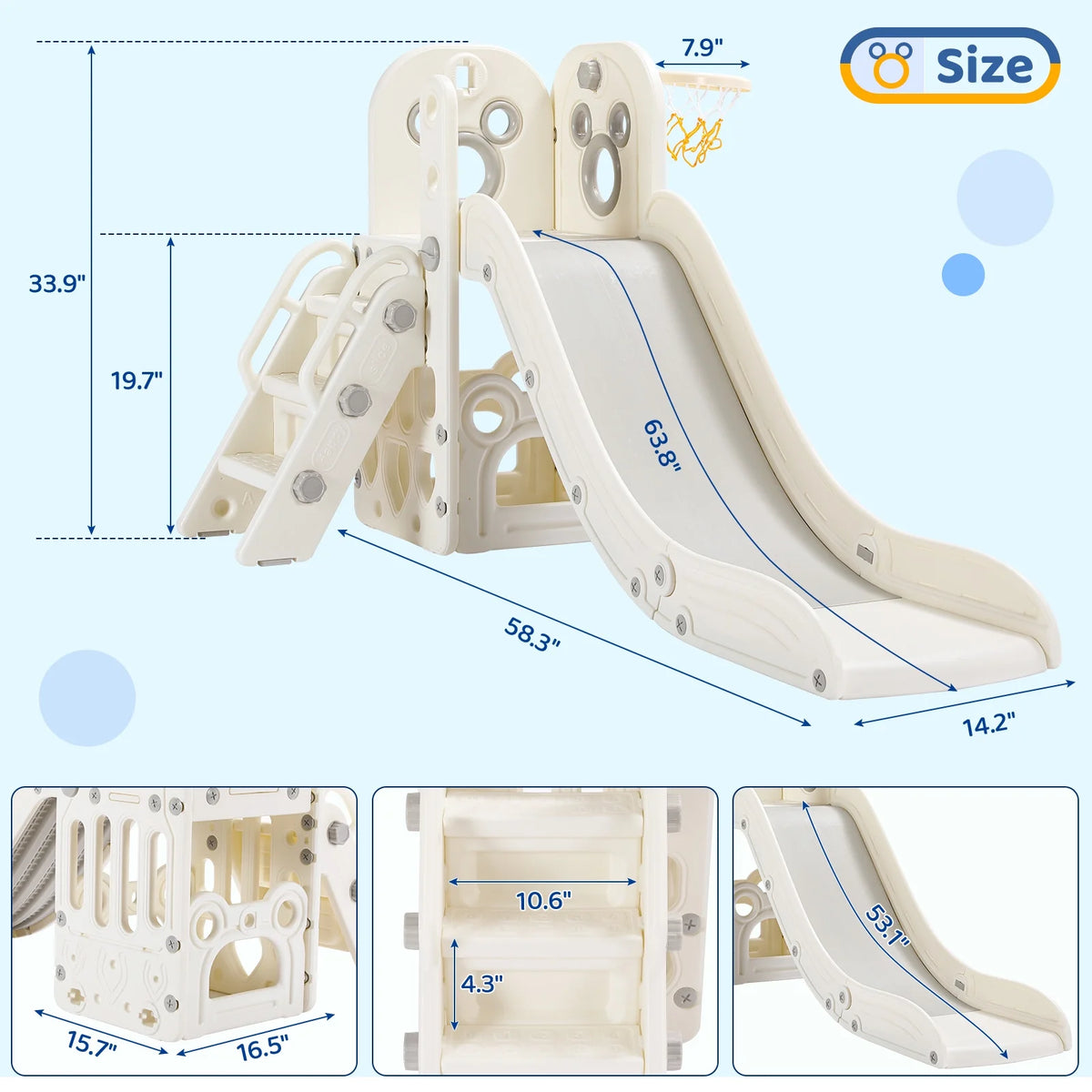 Arlopu Sturdy Toddler Slide with Basketball Hoop Plastic Kids Slide Climber with Anti-Slip Steps Indoor Outdoor Children Toy Playground