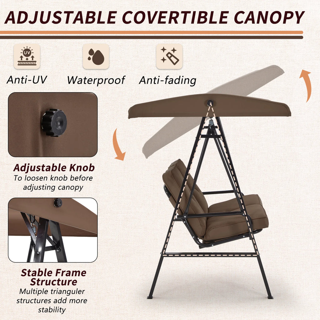 AECOJOY 2 Persons Outdoor Patio Canopy Steel Porch Swing Chair-Beige