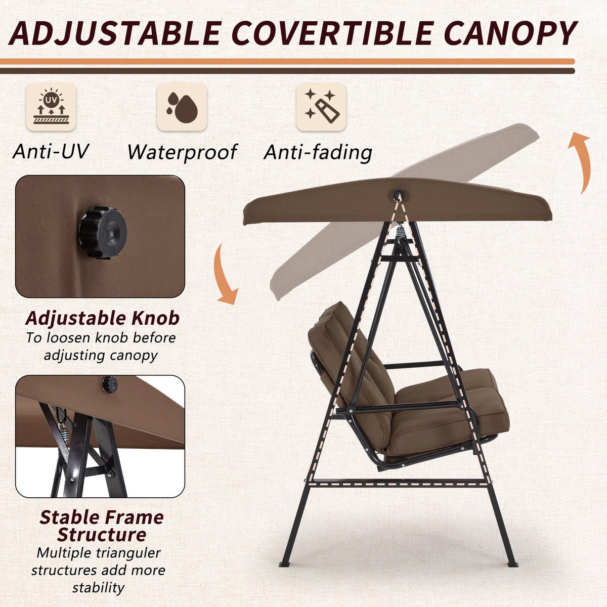 AECOJOY 2 Persons Outdoor Patio Canopy Steel Porch Swing Chair-Beige