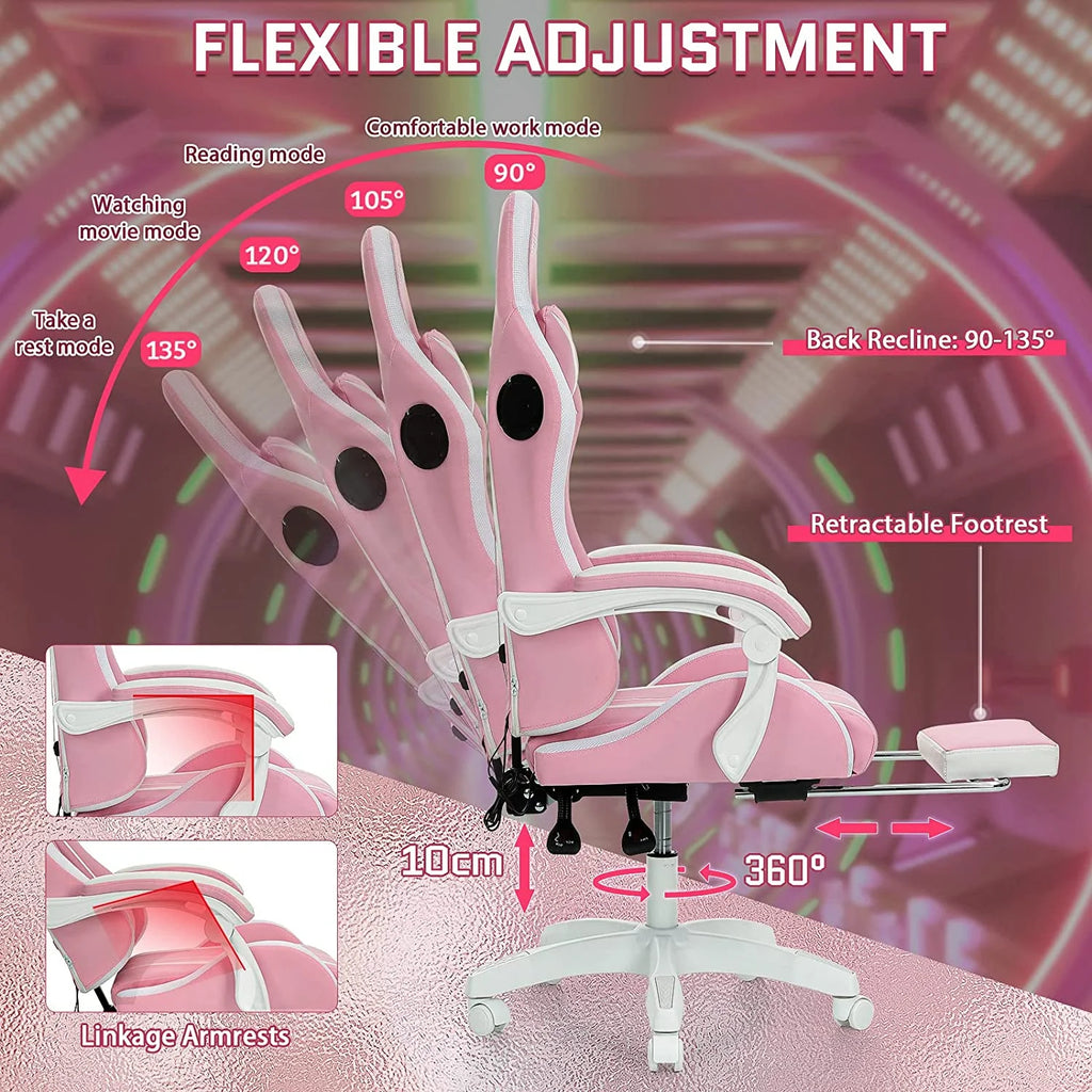 Hoffree Gaming Chair with Bluetooth Speakers and Footrest Massage Office Chair with LED Lights Ergonomic Game Chair High Back with Lumbar Support and Headrest Adjustable Swivel for Adults 300lb