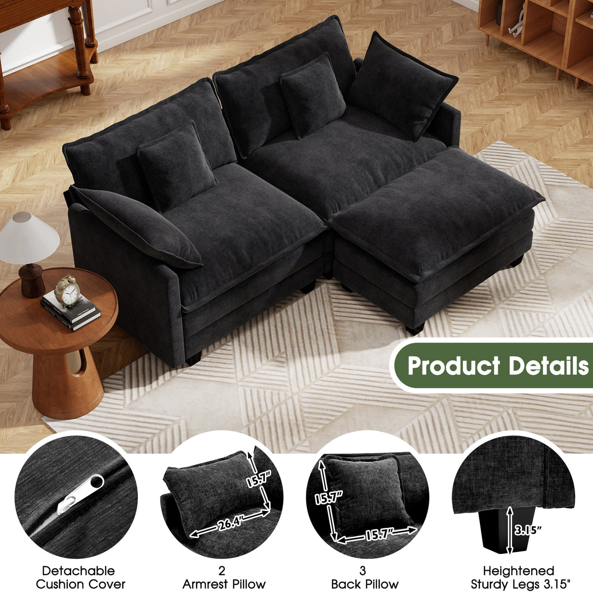 BedLuxury 111.5'' Modular Sectional Sofa with Movable Ottomans, U Shaped Cloud Couch for Living Room, 3-Seat, Beige