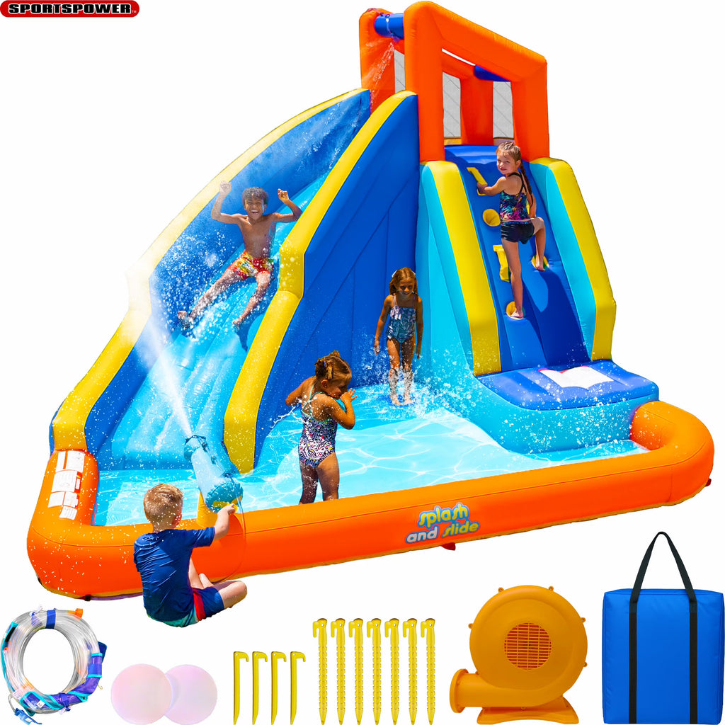 Sportspower Big Wave II Inflatable Water Slide with Climbing Wall & Splash Pool, Ages 3-8, Heavy Duty, ASTM Certified, Lifetime Warranty on Included Blower