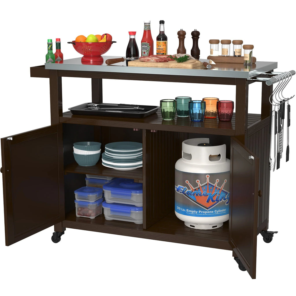 Outdoor Prep Table Grill Station, Solid Wood Movable Dining Cart Table, Dark Brown