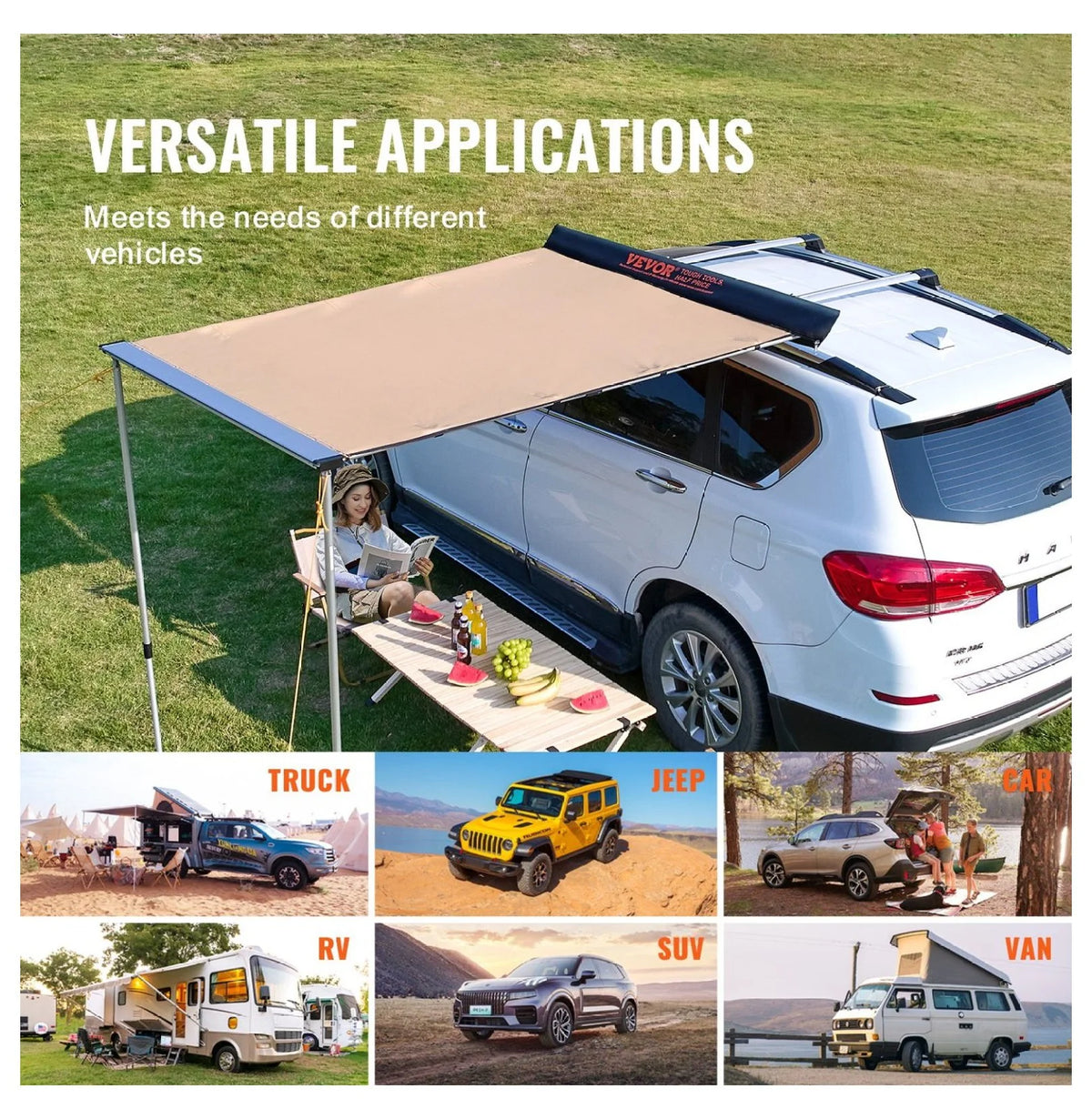 WaiRitoday 6.5x8.2ft Car Side Awning SUV Truck Rooftop Tent Sunshade Outdoor Camping