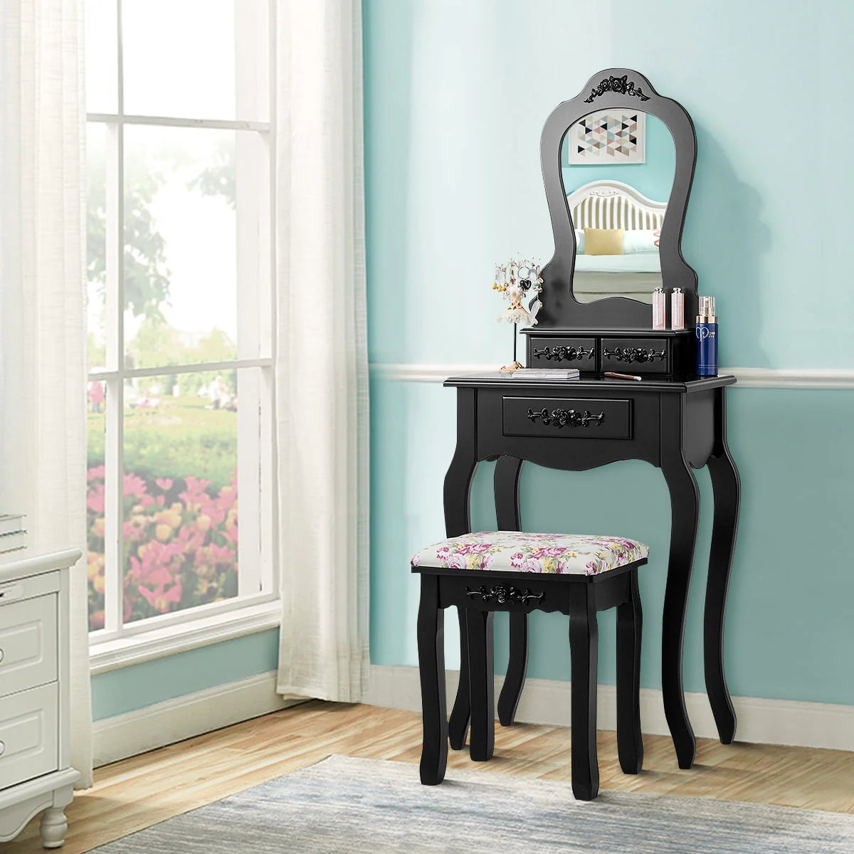 Topbuy Vanity Mirror Dressing Table Simple Style Beauty Dresser w/ Cushioned Bench Black