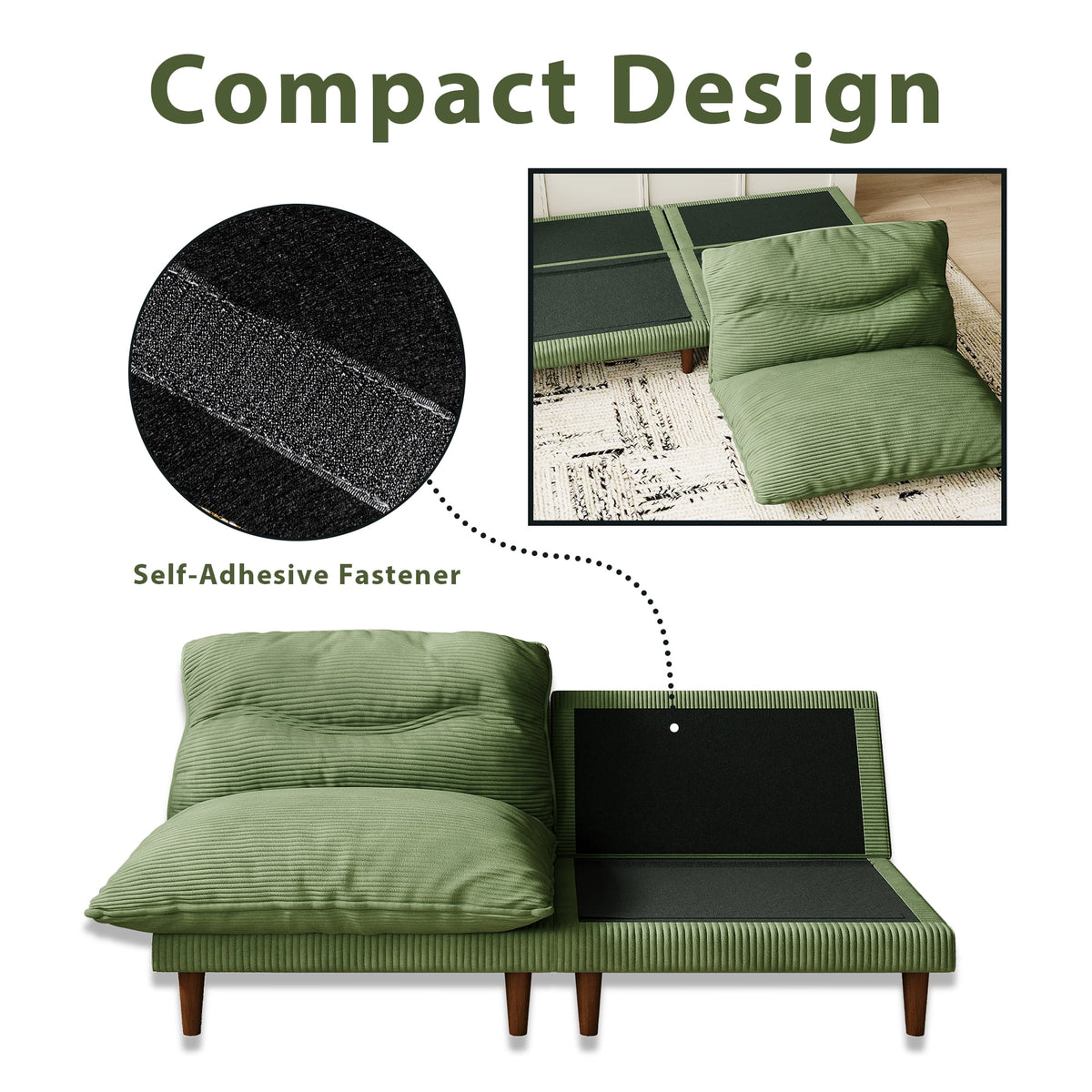 75" 4-in-1 Corduroy Futon Couch - Convertible to Lounger, Tatami & 2 Chairs, 3-Angle Adjustable Backrest, Solid Wood Frame, 300 LBS Capacity,Green