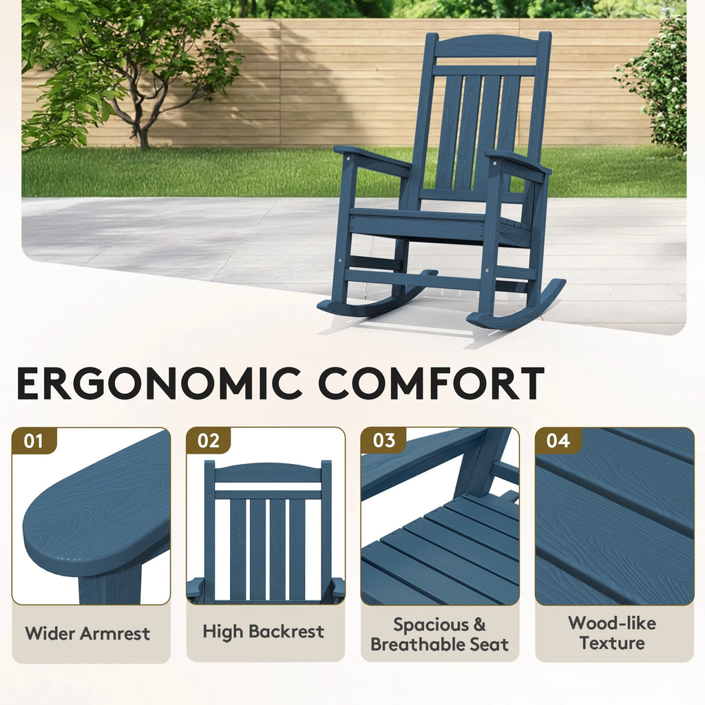 KINGYES Outdoor Rocking Chair Set of 2, HDPE Patio Rocking Chair, Heavy Duty Front Porch Rocker, Navy