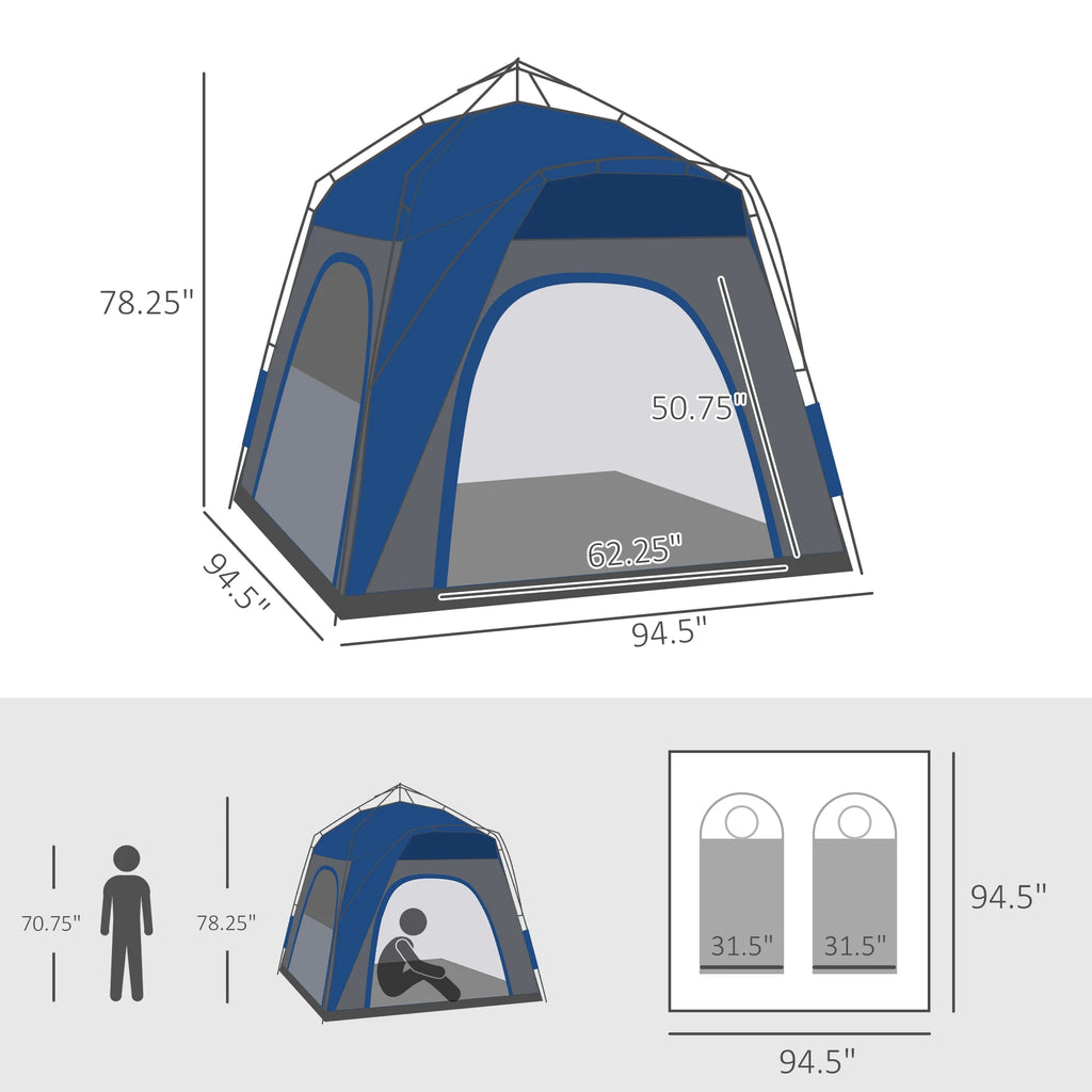 Outsunny Camping Tents 4 Person Pop Up Tent w/ Windows, Doors, Blue