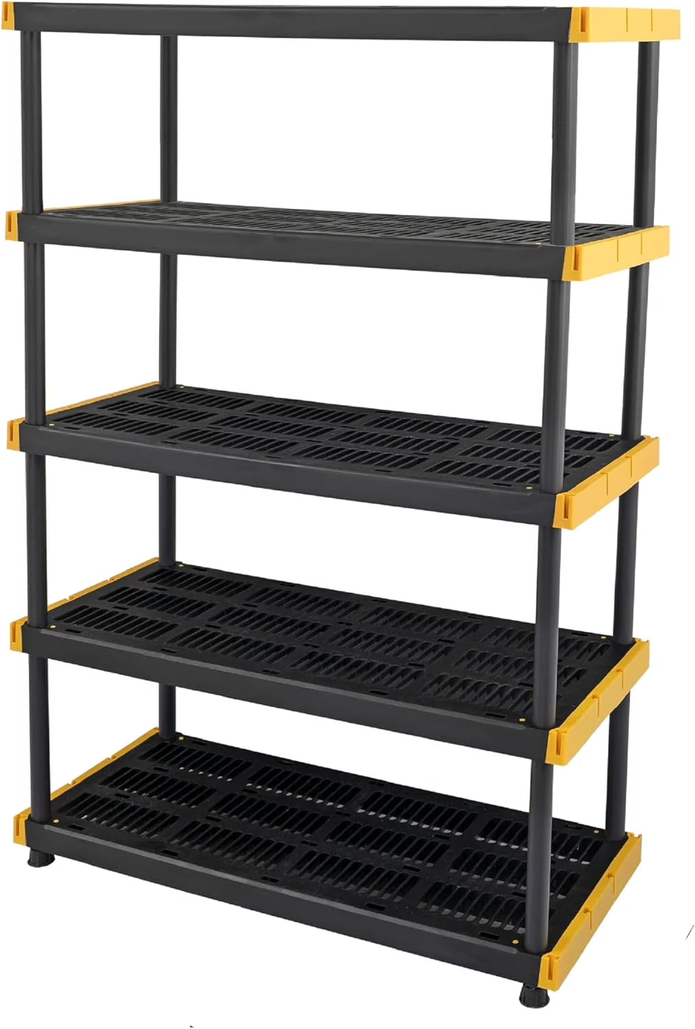 Black & Yellow, 5-Tier Heavy Duty Plastic Storage Shelving Unit, 200lbs/shelf (72 H x 48 W x 20 D), for Indoor/Outdoor Organization, Modular Rack