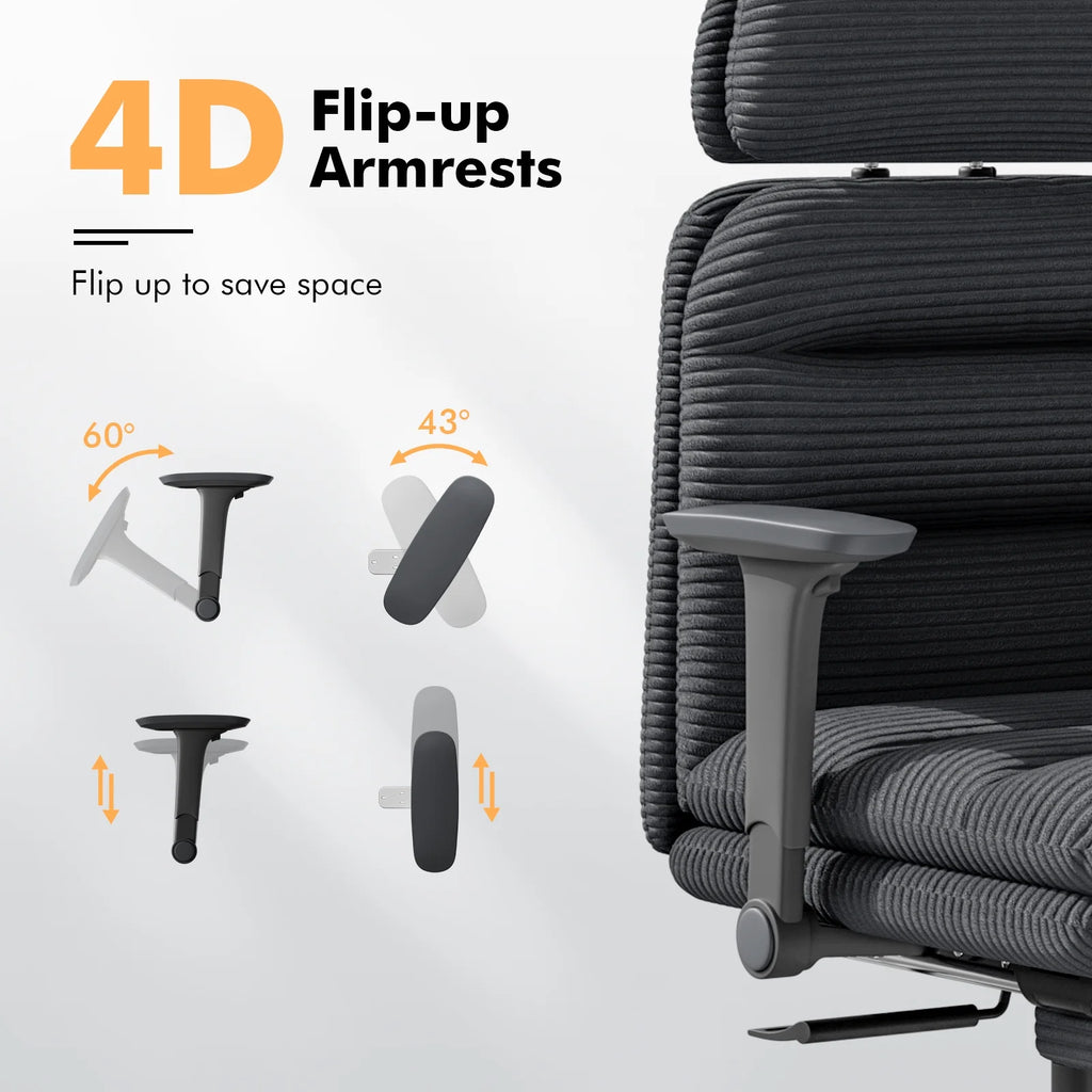 Solfway Criss Cross Chair with Wheels & Flip-up Arms, Executive Office Chair with Foot Rest, Swivel Cross Legged Office Chair, White Corduroy Fabric Comfy Computer Desk Chair, Vanity Chair for Home