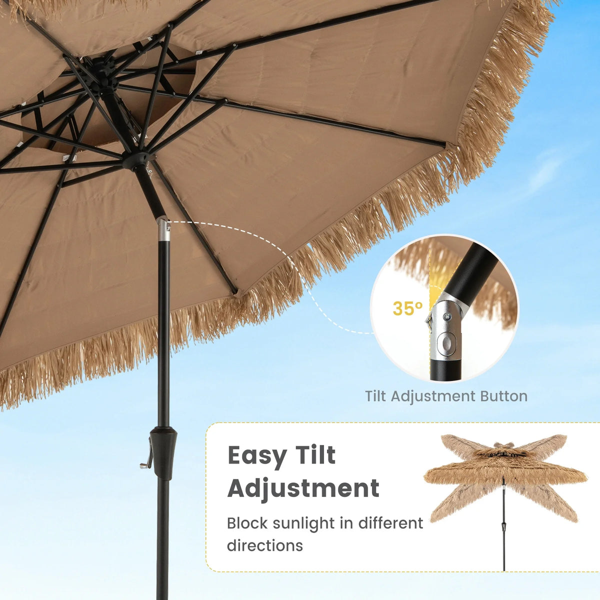 Gymax 8.8 FT Hawaiian Style Umbrella Thatched Tiki Umbrella w/8 Ribs Sun-proof Fabric