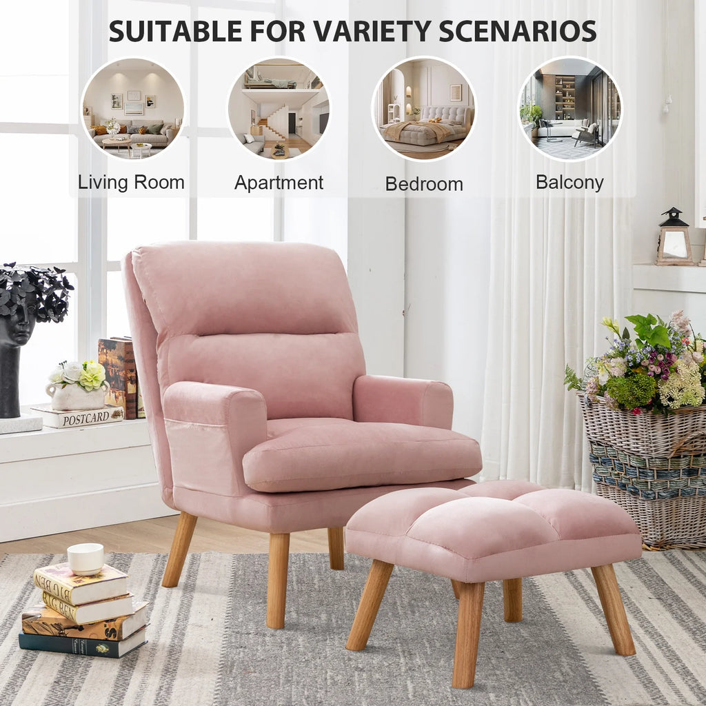 Bestier Adjustable Accent Chairs with Ottoman, Velvet Fabric Armchair for Bedroom Living Room, Comfy Lounge Chair with Padded Backrest and Side Pocket, Soft Reading Chair, Beige