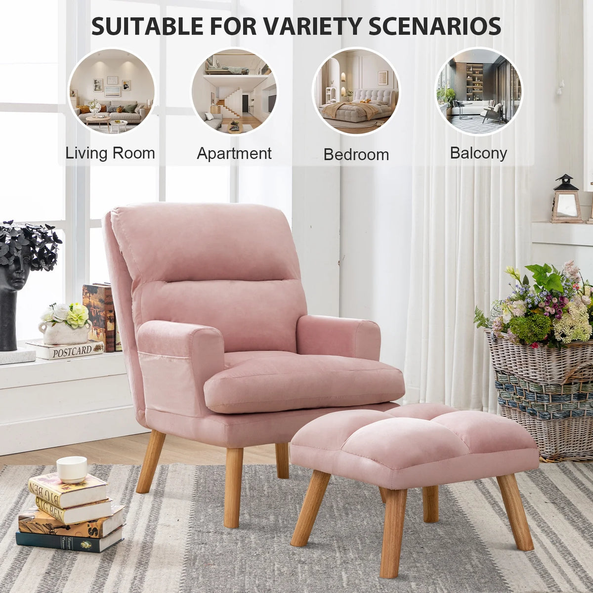 Bestier Adjustable Accent Chairs with Ottoman, Velvet Fabric Armchair for Bedroom Living Room, Comfy Lounge Chair with Padded Backrest and Side Pocket, Soft Reading Chair, Beige