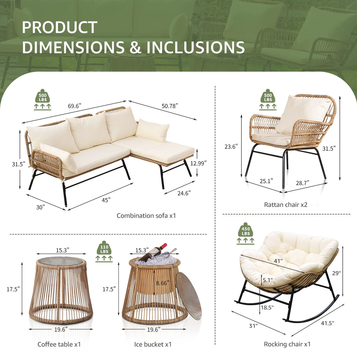 RADIATA 6-Piece Boho Patio Furniture Set, Outdoor Wicker Sectional Sofa Conversation Set with Ice Bucket & Coffee Table, 500lbs Capacity, Beige