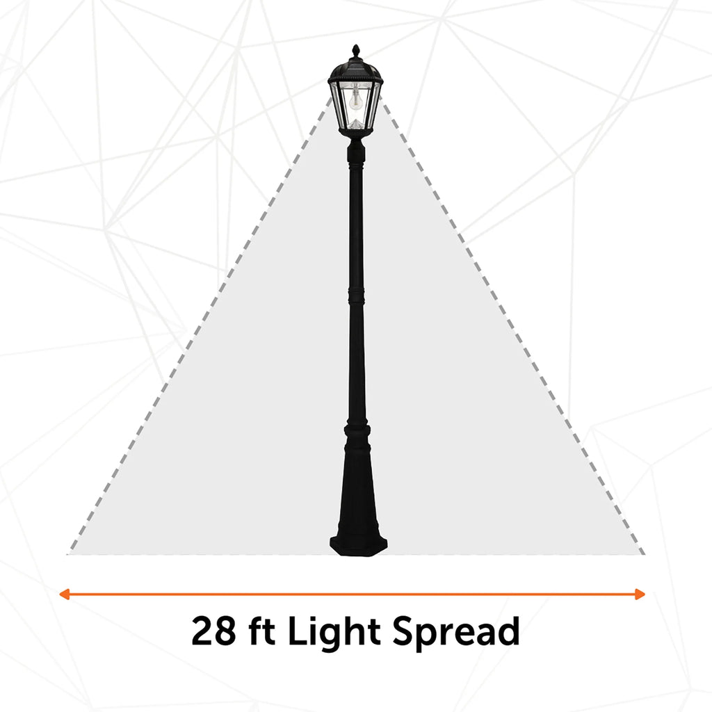 Gama Sonic Solar Outdoor Lamp Post Light, Black Cast Aluminum and Beveled Glass Panels, 10-Year Royal Bulb, Warm White LED with Omni-Direction Reflector, 87-inch Height, 98B001