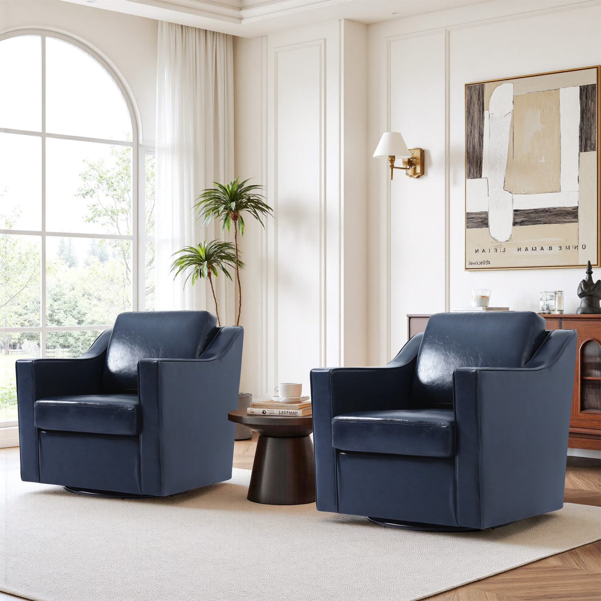Swivel Accent Chair for Living Room, Modern Upholstered Barrel Arm Chair with Plump Back Pillow, Comfy Club Sofa Reading Chair for Adults (Chenille Navy, Set of 1)