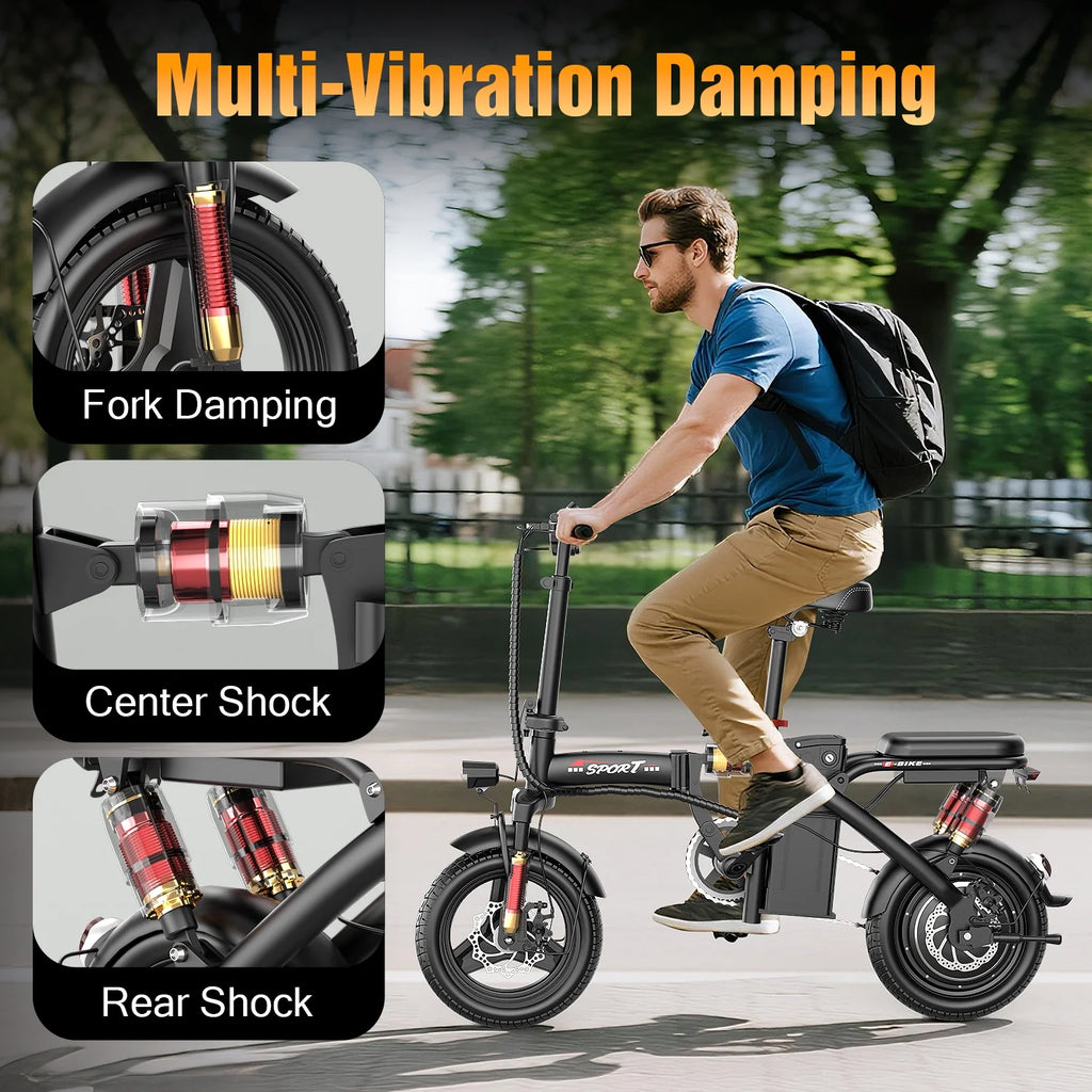 ASKGO 1200W Peak Motor ,Folding Electric Bike for Adults Teens ,14'' Commuting Bike, Max 28MPH/35 Miles E-Bike ,3 Speed  Double Mini Electric Bike, UL2849