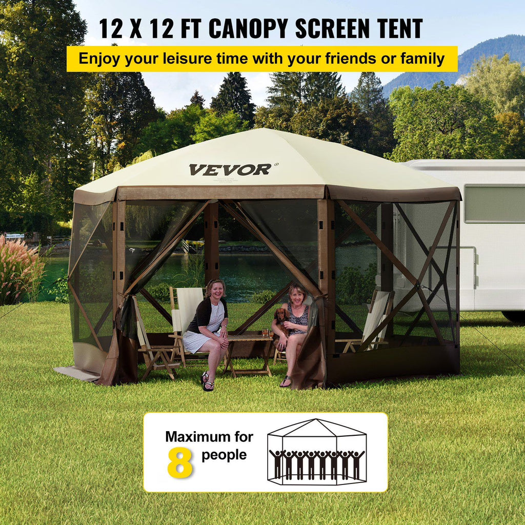Quick Setup 12x12 Foot Gazebo Tent, 6-Sided Canopy with Mesh Screens & Carry Bag Sun Shade Shelter for Outdoor Events, Backyard, Picnic (Beige/Brown)