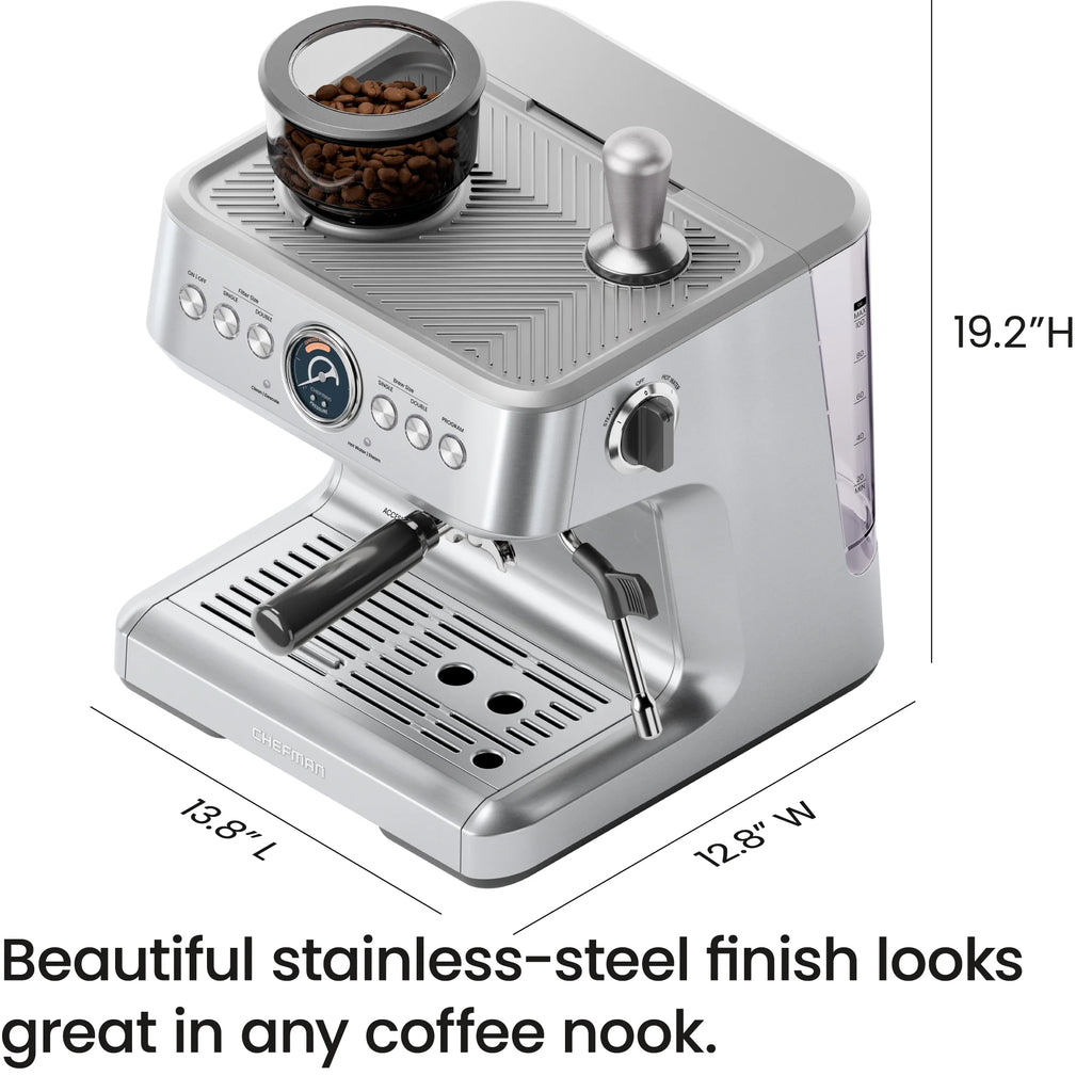 Chefman Crema Supreme Espresso Machine with Conical Burr Grinder and Steam Wand Stainless Steel, New