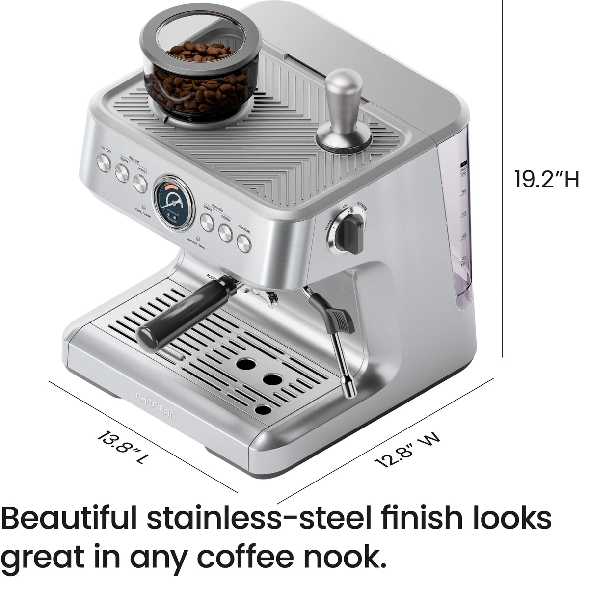 Chefman Crema Supreme Espresso Machine with Conical Burr Grinder and Steam Wand Stainless Steel, New
