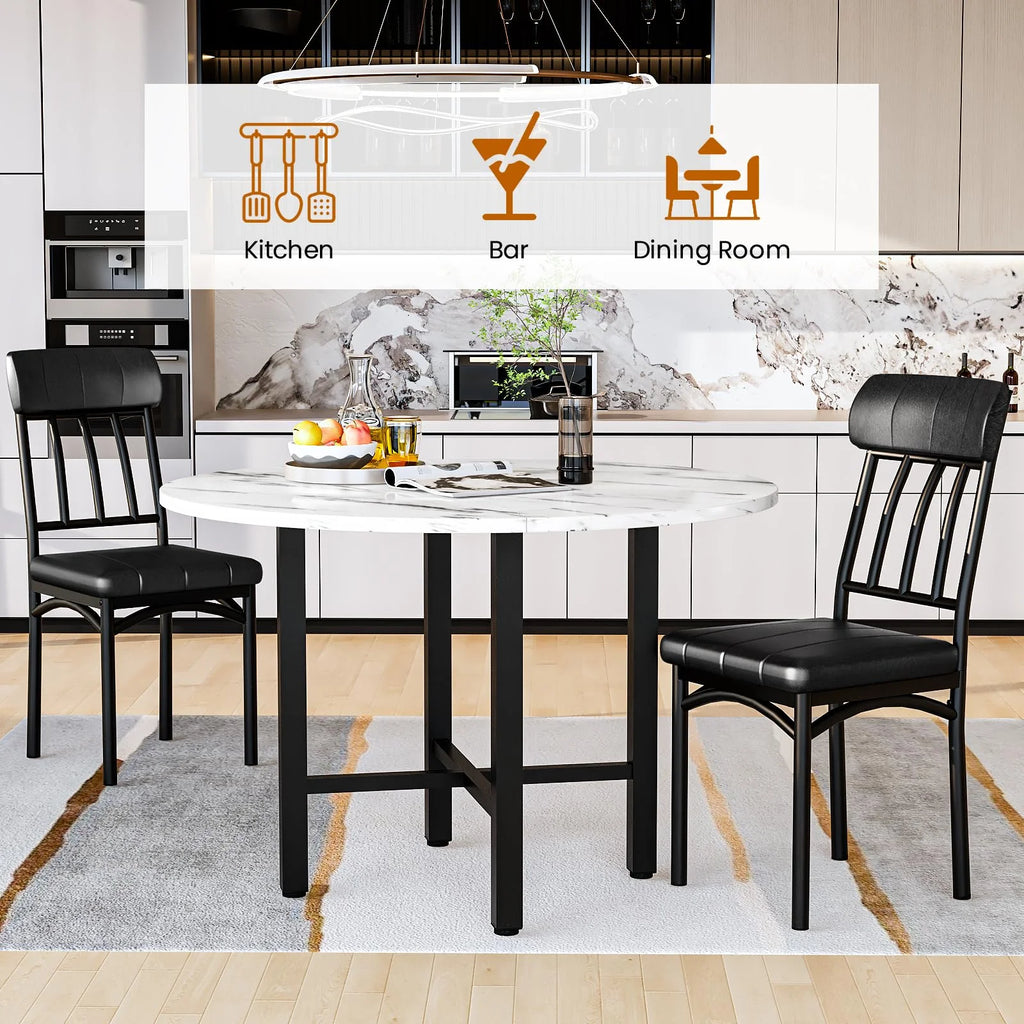 Furlinkhm Round Dining Table Set for 4, Wood Round Kitchen Table and Chairs Set for 4, Modern Dining Room Table Set with 4 Faux Leather Chairs, Round Dinner Table for Small Space, Walnut