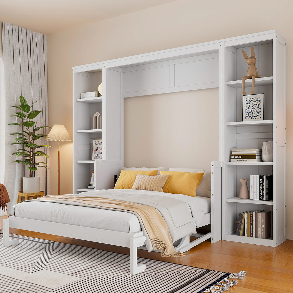 Euroco Wood Full Size Murphy Bed with Desk and Shelves, Space-Saving Wall Bed for Bedroom