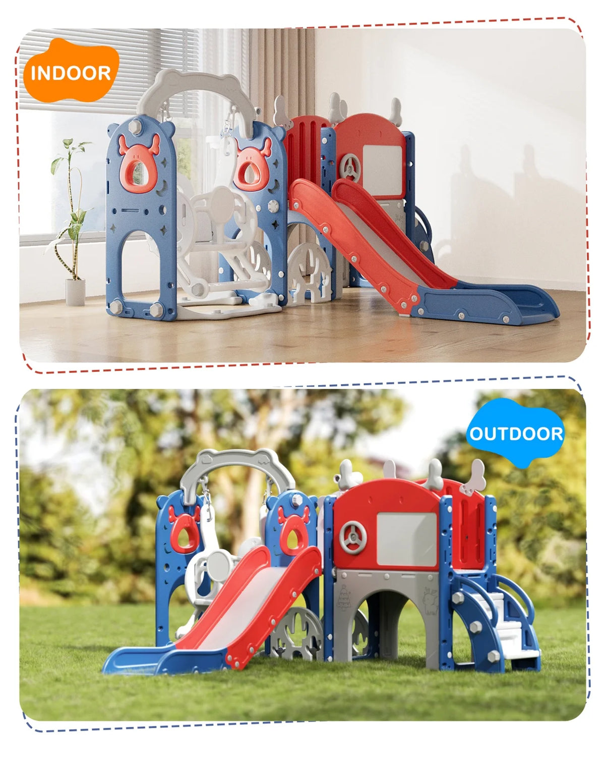 KORIMEFA 13-in-1 Toddler Slide, Kids Swing and Slide for Toddlers Age 1-4, Outdoor Indoor Playground Playset for Toddlers with Basketball Hoop and Ball Playset Telescope, Blue