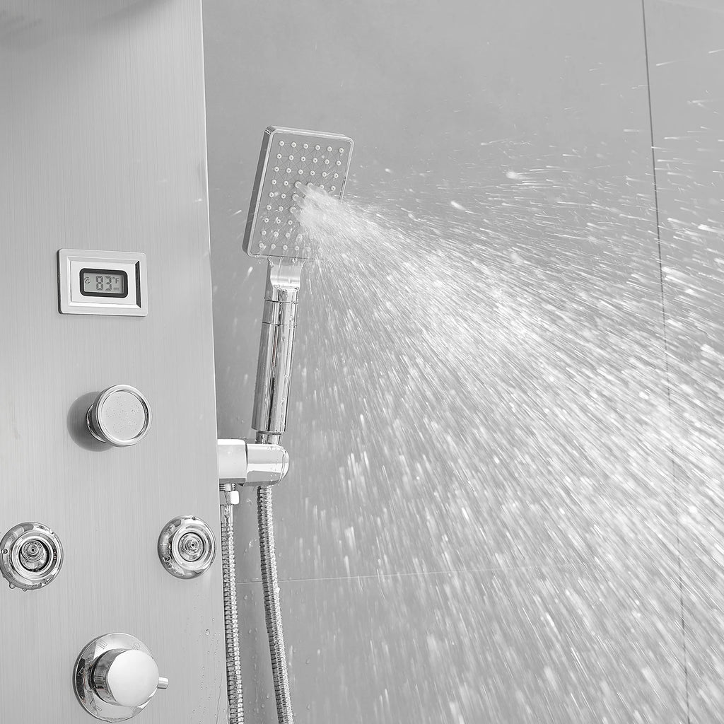 8-Jet Rainfall Shower Panel System with Rainfall Waterfall Shower Head and Shower Wand in chrome Nickel