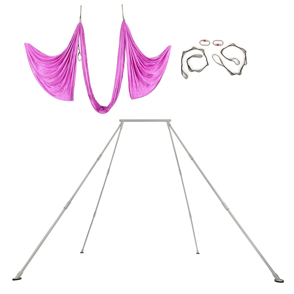 Kojem 97"/2.46m Aerial Trapeze Stand Portable Rig Yoga Swing Bar 250kg/551lbs Aluminum Rack ＆ Nylon Silk Indoor Outdoor Use with 20Ft/6m Aerial Purple Silk