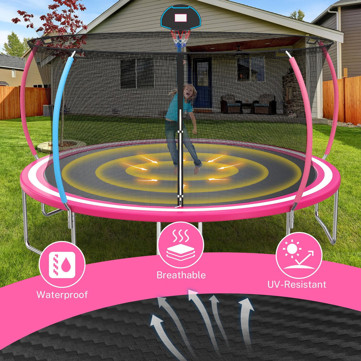 Trampoline Outdoor, 14FT Kids Trampoline with Enclosure Net and Ladder, Upgrade All-Weather Round Trampoline Curved Design with 5 Heavy-Duty Steel Legs