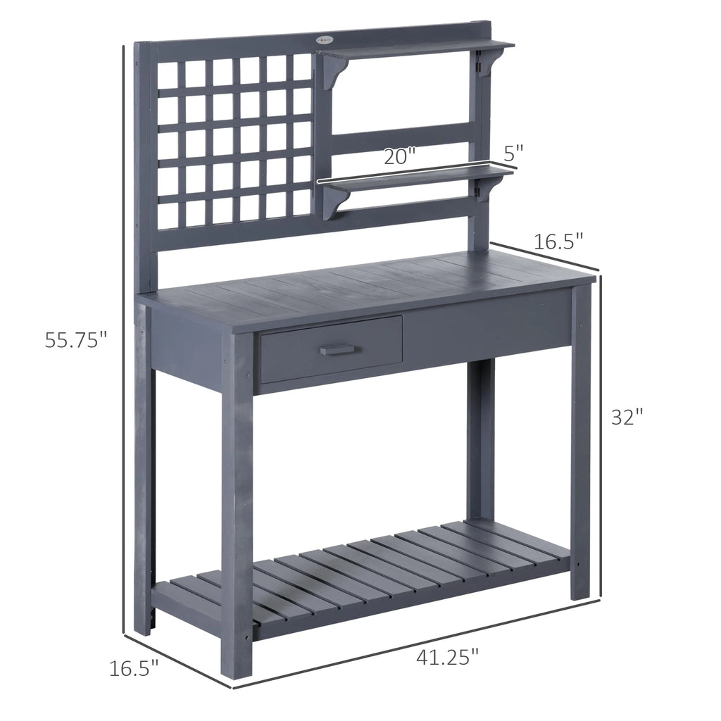 Outsunny Potting Bench Table, Garden Work Bench, Outdoor Wooden Workstation with Tiers of Shelves and Drawer for Patio, Courtyards, Balcony, Grey