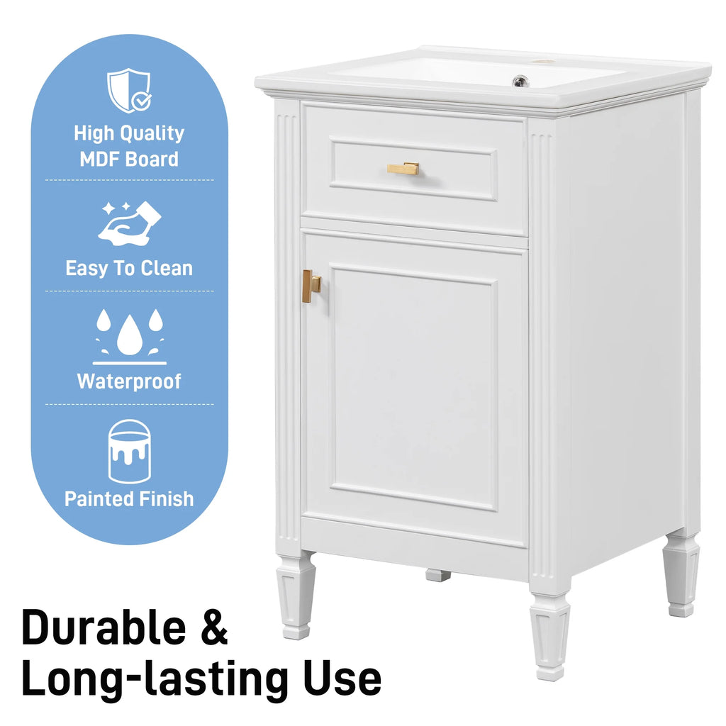 Euroco 20" Bathroom Vanity with Integrated Ceramic Sink, Soft-Close Hinges and Drawer Storage, Solid Wood Legs
