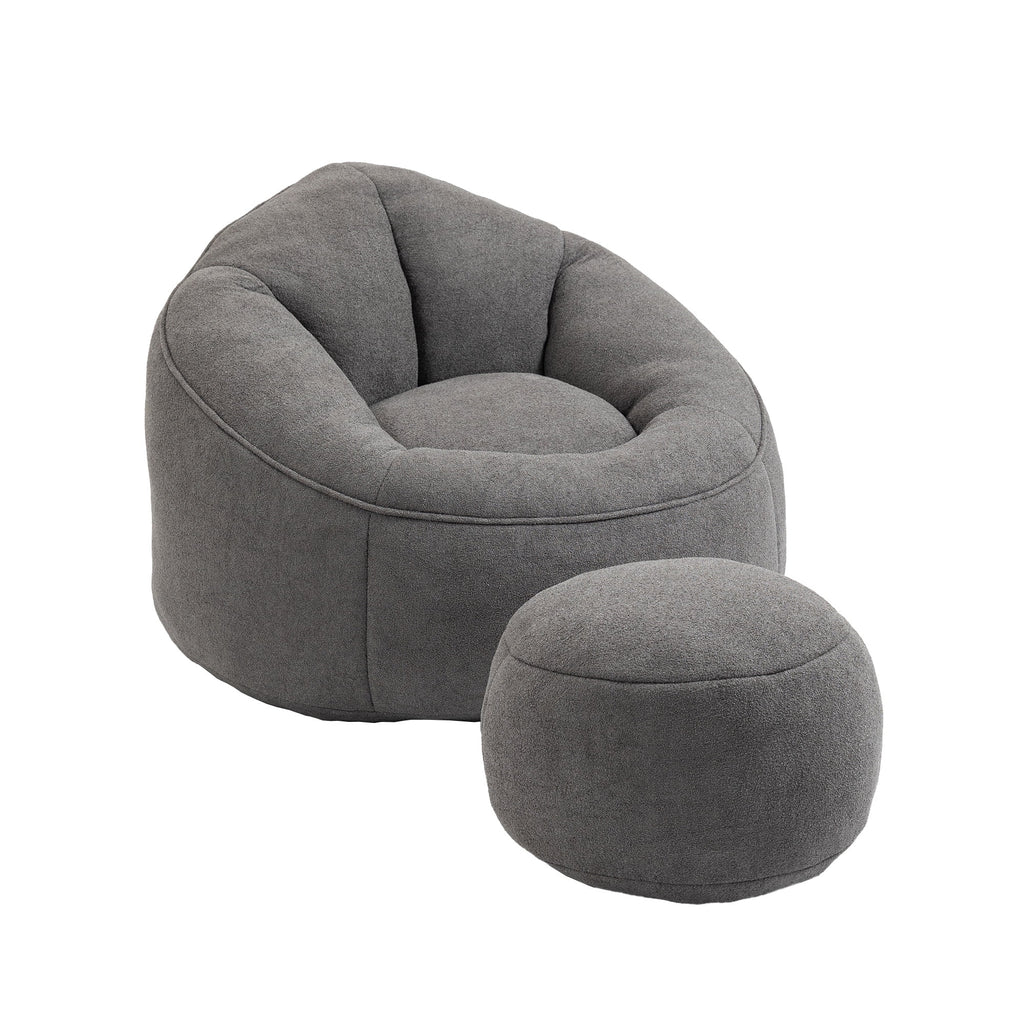 MOONMISS Microfiber Upholstered High Pressure Foam Round Lazy Bean Bag Sofa Chair with Ottoman-Gray