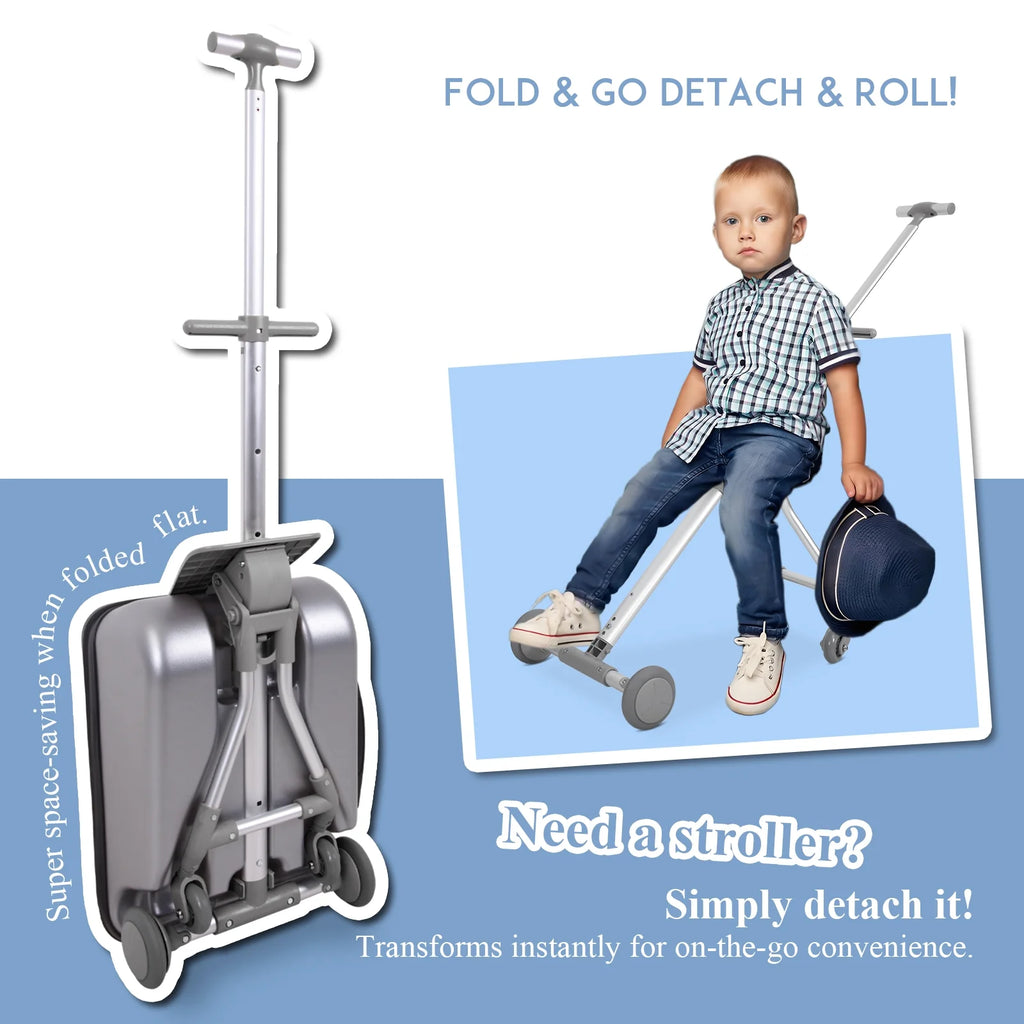 Fridtrip 20 Inch Hardside Carry on Luggage - 3-in-1 Kids Ride-on Suitcase with Spinner Wheels, Child Seat & Stroller Design, Lightweight Hard Shell Travel Luggage with Large Capacity for Family Trips