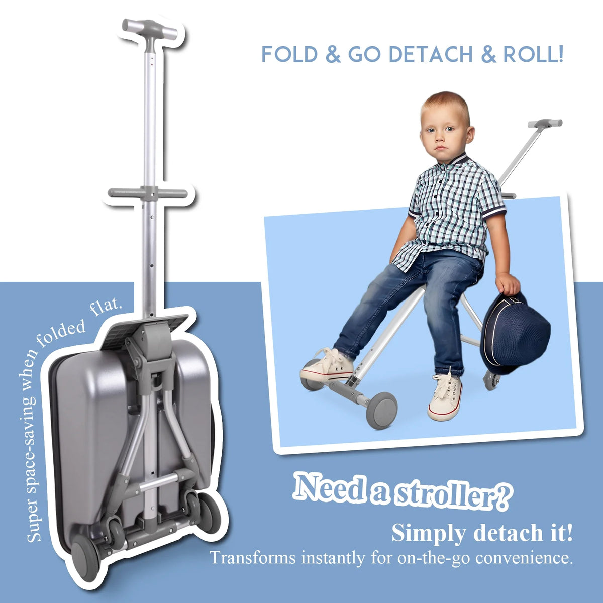 Fridtrip 20 Inch Hardside Carry on Luggage - 3-in-1 Kids Ride-on Suitcase with Spinner Wheels, Child Seat & Stroller Design, Lightweight Hard Shell Travel Luggage with Large Capacity for Family Trips