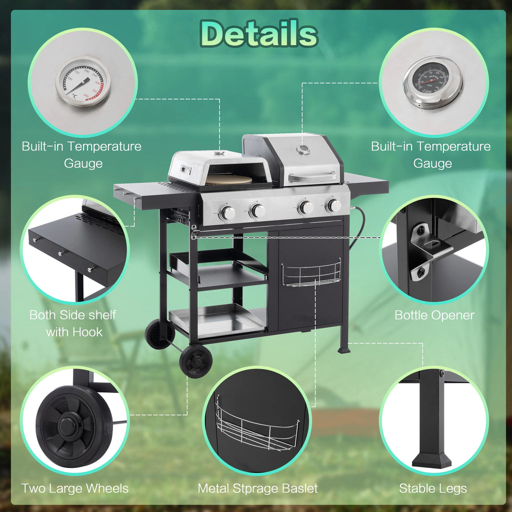 4-Burner BBQ Grill W/Side Burner, 50,000BTU Gas Propane Grill Portable with Storage Cabinet, Heavy-Duty Stainless Steel Outdoor Cooking, with Tank Hook, Towel Rack, Steel Brush