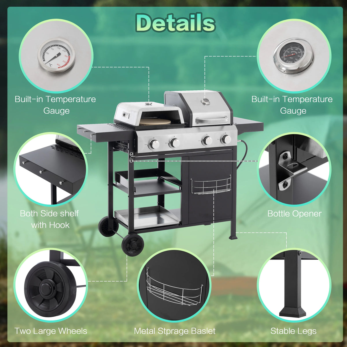4-Burner BBQ Grill W/Side Burner, 50,000BTU Gas Propane Grill Portable with Storage Cabinet, Heavy-Duty Stainless Steel Outdoor Cooking, with Tank Hook, Towel Rack, Steel Brush