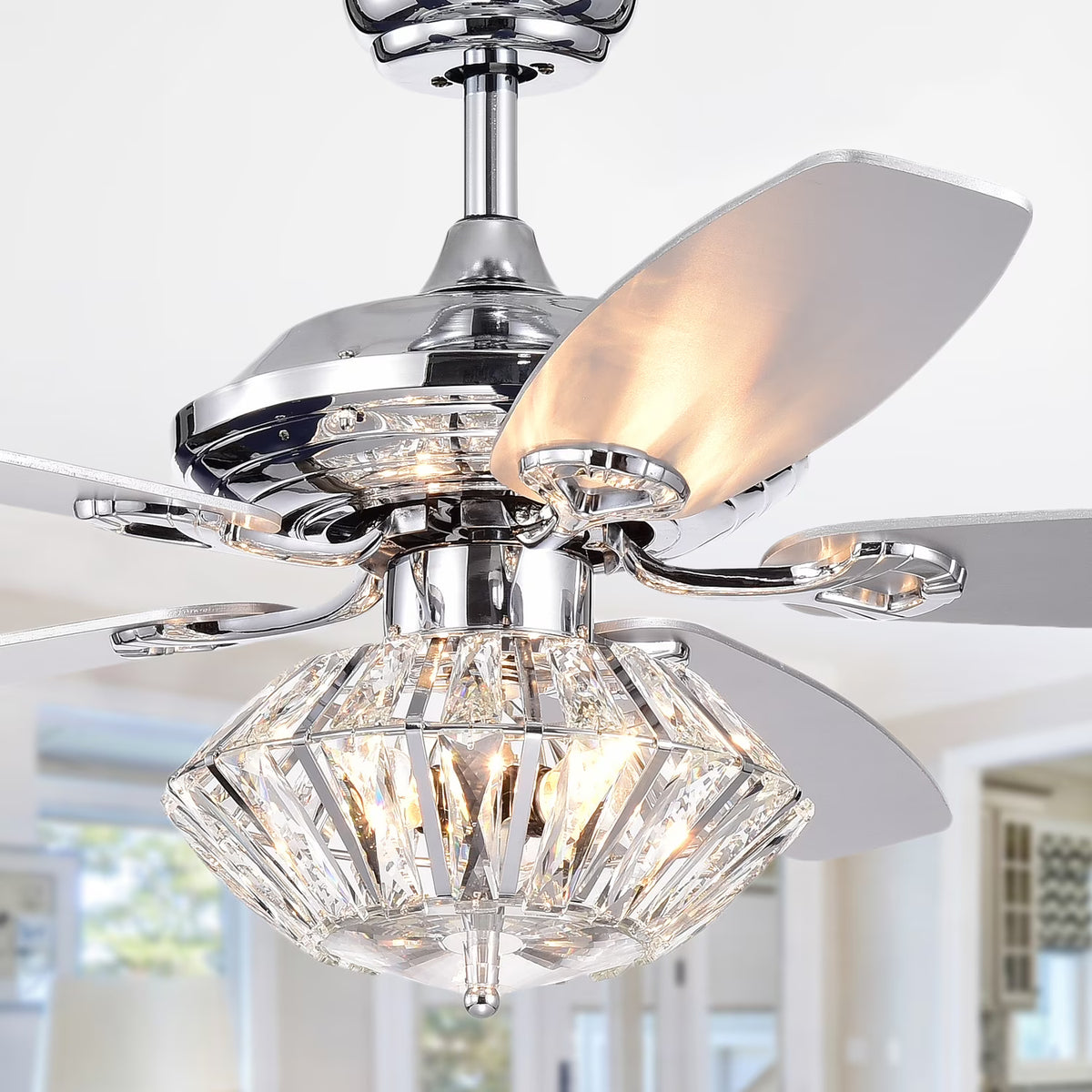 Walter Dual Lamp Chrome 52-inch Lighted Ceiling Fan w Crystal Shades (includes Remote and Light Kit)