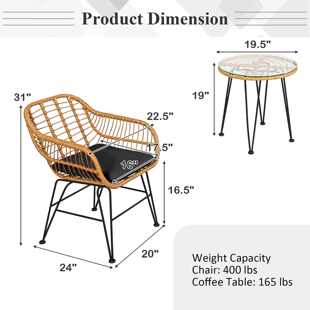 Costway 3PCS Patio Rattan Bistro Furniture Set Cushioned Chair Table Navy