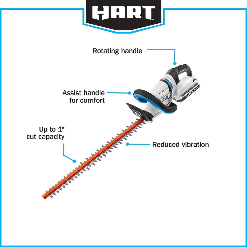 HART 40-Volt 24-inch Cordless Hedge Trimmer Kit, (1) 2.5Ah Lithium-Ion Battery