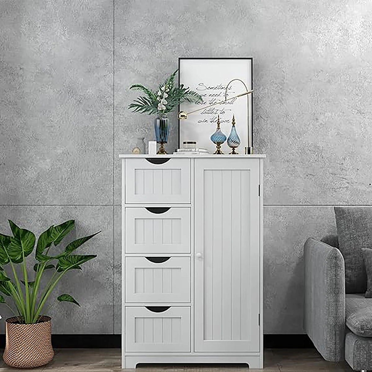 Gymax Bathroom Floor Cabinet Storage Organizer Cupboard w/ 4 Drawers Adjustable Shelf Grey