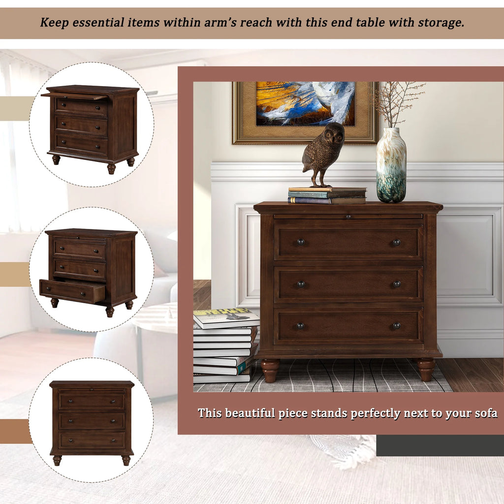 EUROCO 28 Larger Solid Wood 3-Drawer Side Table Nightstand, End Table with Pull out Tray for Bedroom, Living Room, Hallway, Entryway,White