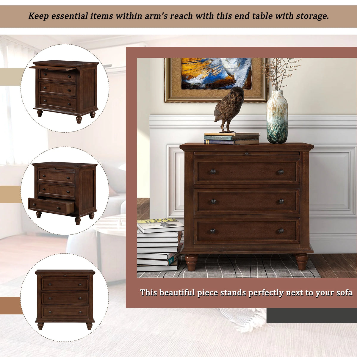 EUROCO 28 Larger Solid Wood 3-Drawer Side Table Nightstand, End Table with Pull out Tray for Bedroom, Living Room, Hallway, Entryway,White