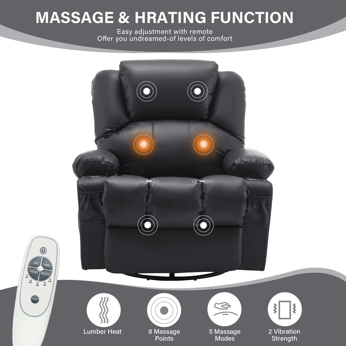 JONPONY Manual Recliner Chair with Heat Therapy and Massage Function, Heavy Duty Reclining Mechanism Massage Chair, Elderly Single Rocker Sofa with Cup Holders for Bedroom Home Theater,Black