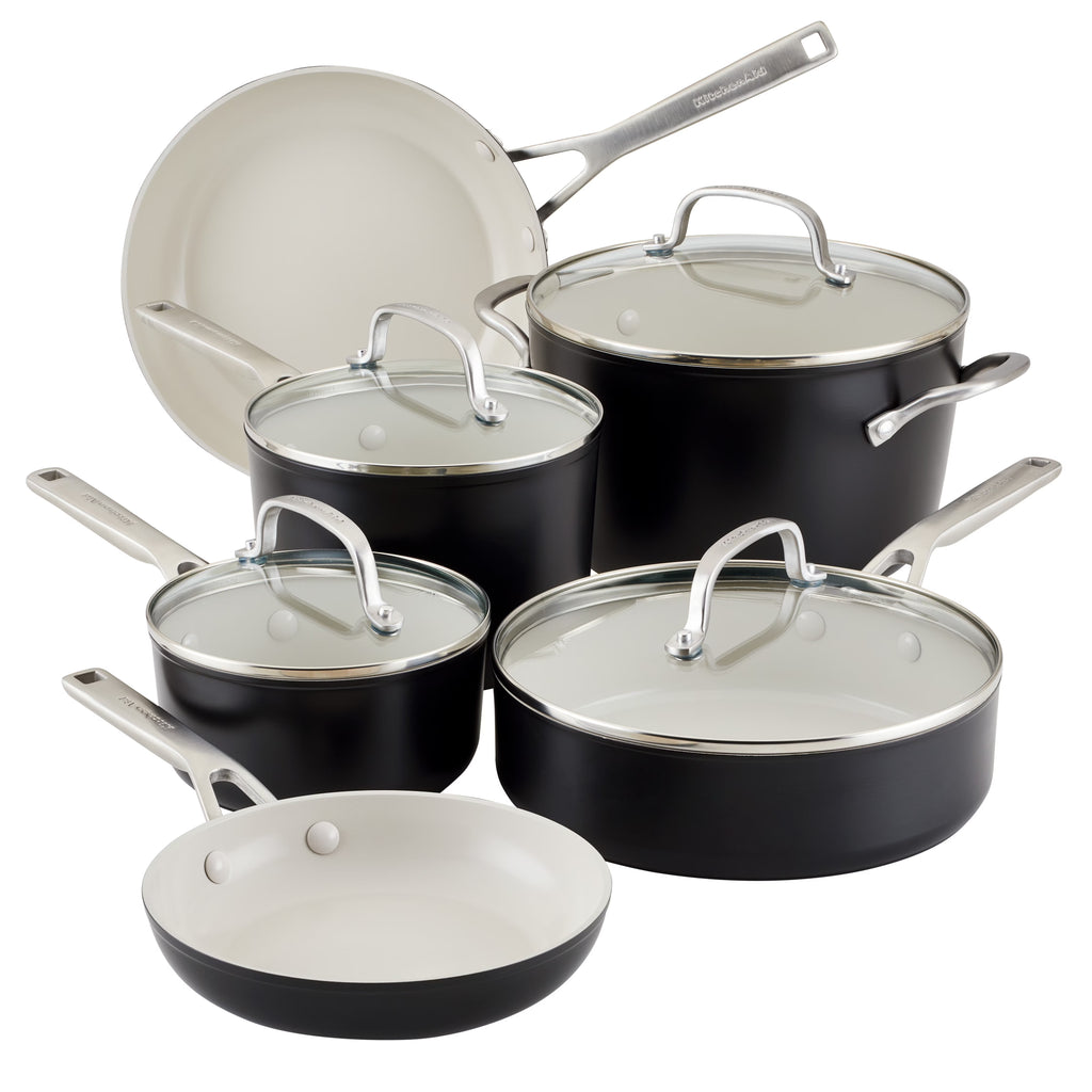 KitchenAid Hard Anodized 10 Pcs Ceramic Nonstick Cookware Pots and Pans Set, Oven Safe to 500F, Pistachio