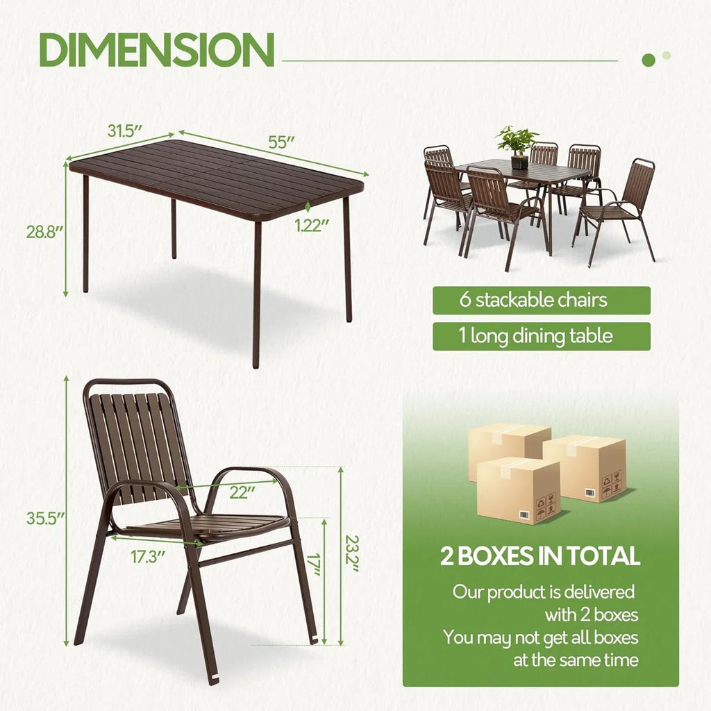 Seizeen Outdoor Dining Set for 6, Plastic Wood Patio Furniture Set with Steel Frame, Space-saving Dining Table and Chairs Stockable Design, All-weather Porch Garden Yard Conversation Furniture, Black